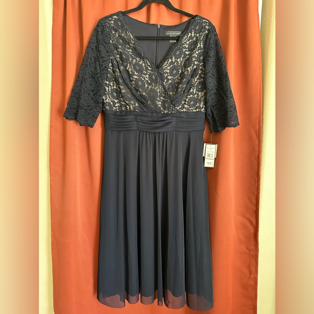 NWT Jessica Howard Navy Blue Lace Top Cocktail Dress Womens Size 12